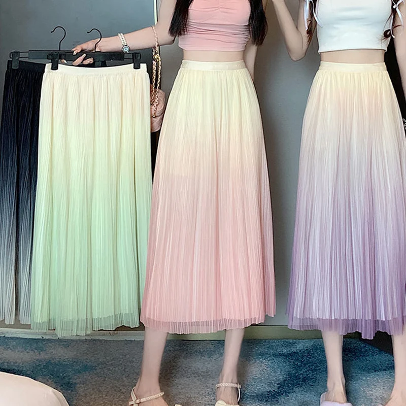 Spring Summer Elegant Fashion Elastic High Waist Pleated A-line Mesh Skirt Women Sweet Gradient All-match Skirts Female Clothes