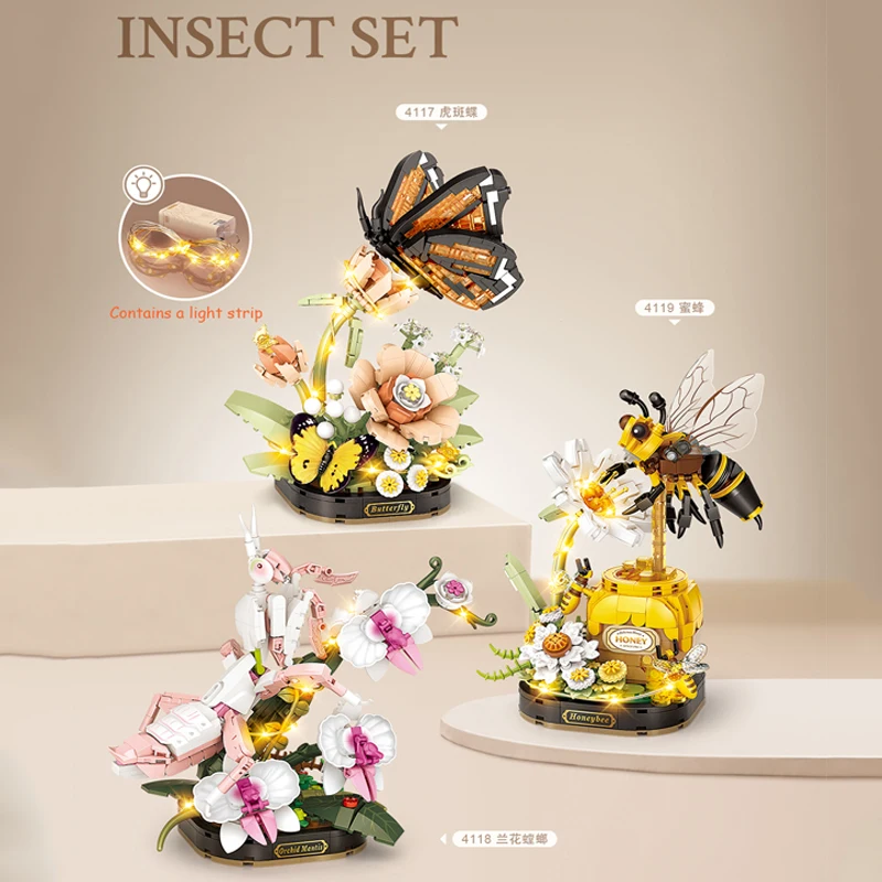New mini insect everlasting flower ornament, foldable mini house building street scene building block assembly festival gift