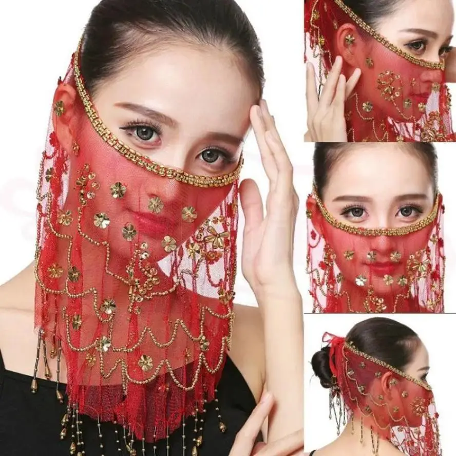 1 Pcs Beautiful Lady Belly Dance Dancing Face Mask Voile Wrap Scarf Sequin Perform Accessory
