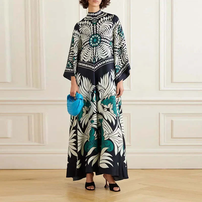 Summer High Fashion Double Wear Dress For Women Printed 3/4 Sleeve Stand Collar Commute Elegant Streetwear British Style Dresses