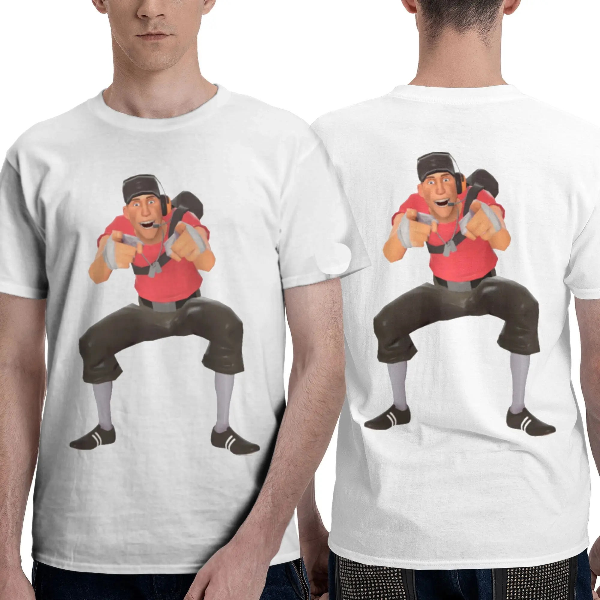 tf2 scout laugh Team Fortress 2 Men T-Shirt Double Sided Plus Size T Shirts Men's Round Neck Cotton Tees Short Summer Male