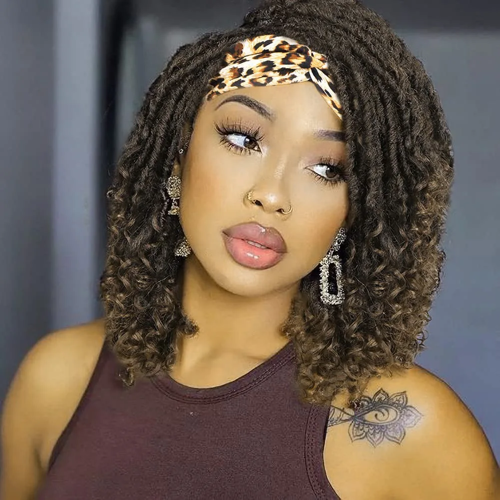 Short Dreadlock Wigs For Black Women Faux Locs Headband Wig Braided Wigs Curly Hair Wig Ombre Ginger Twisted Wigs Synthetic Locs