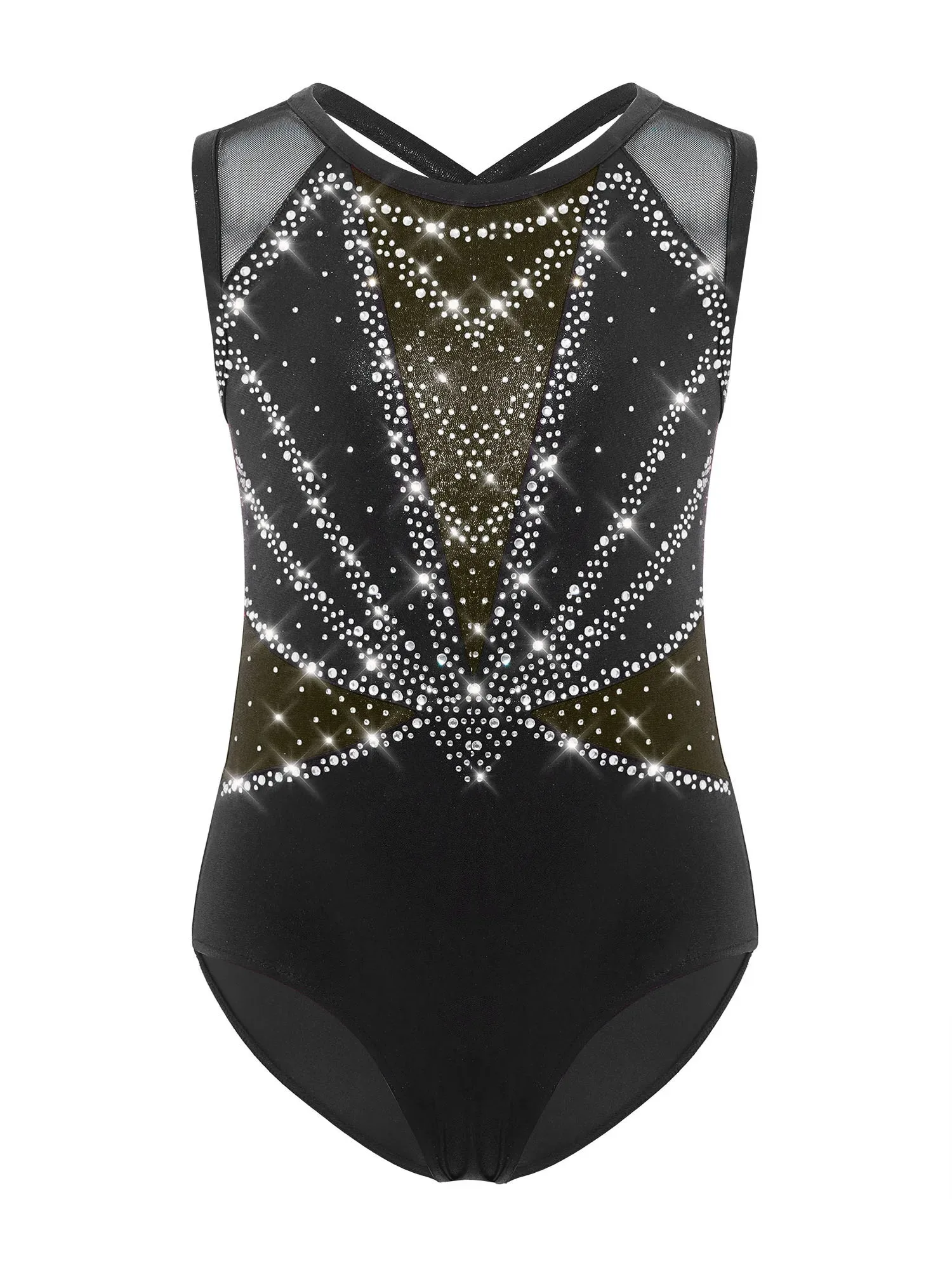 Girls Jazz Dance Performance Costume Round Neck Sleeveless Crisscross Back Shiny Rhinestones Color Block Gymnastics Leotard