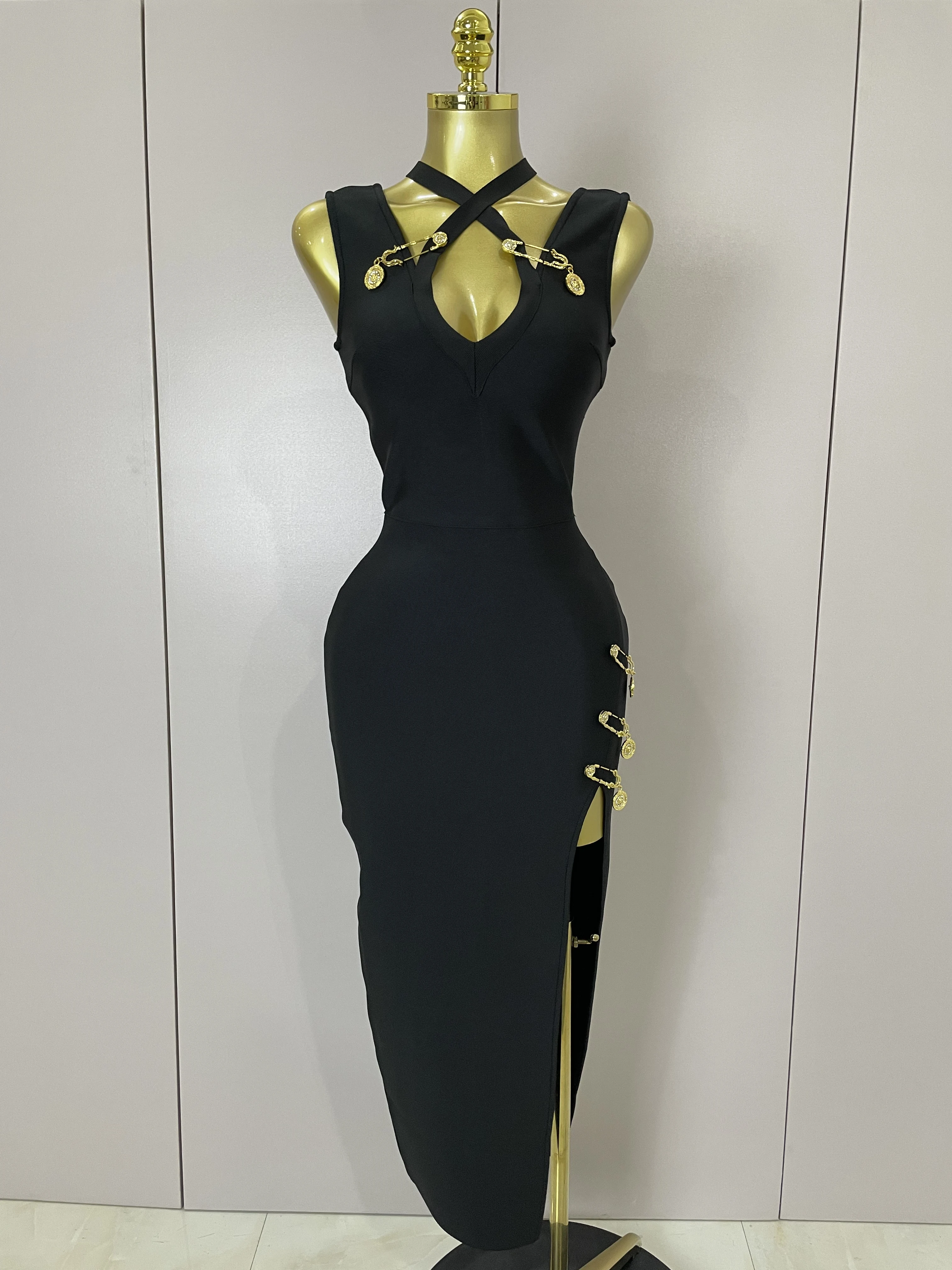 2025 New Elegant Slimming Black Pin Wrap Sleeveless Long Dress Women Fashion Celebrity Evening Party Luxury Birthday Outfit