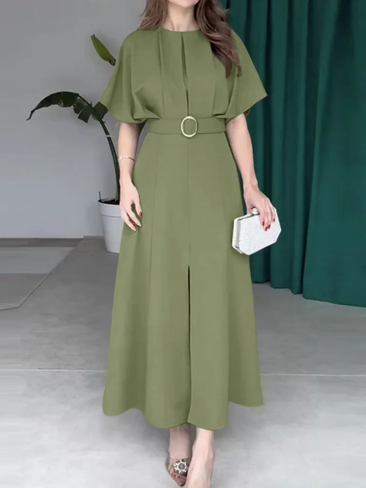 ZANZEA Elegant Long Dress 2025 Women Vintage Bat-wing Sleeve Sundress Casual Pleated Vestidos Office Fashion Solid Color Robe