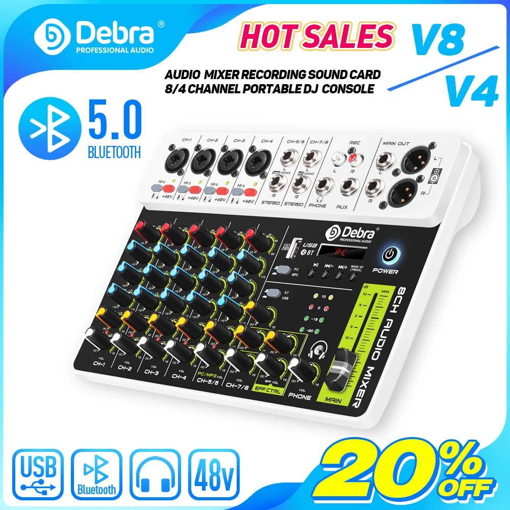Debra V8 8Channels Audio Mixer With Bluetooth USB 48V Phantom Power Delay Repaeat Effect For Sound Mixing Console PC Recording