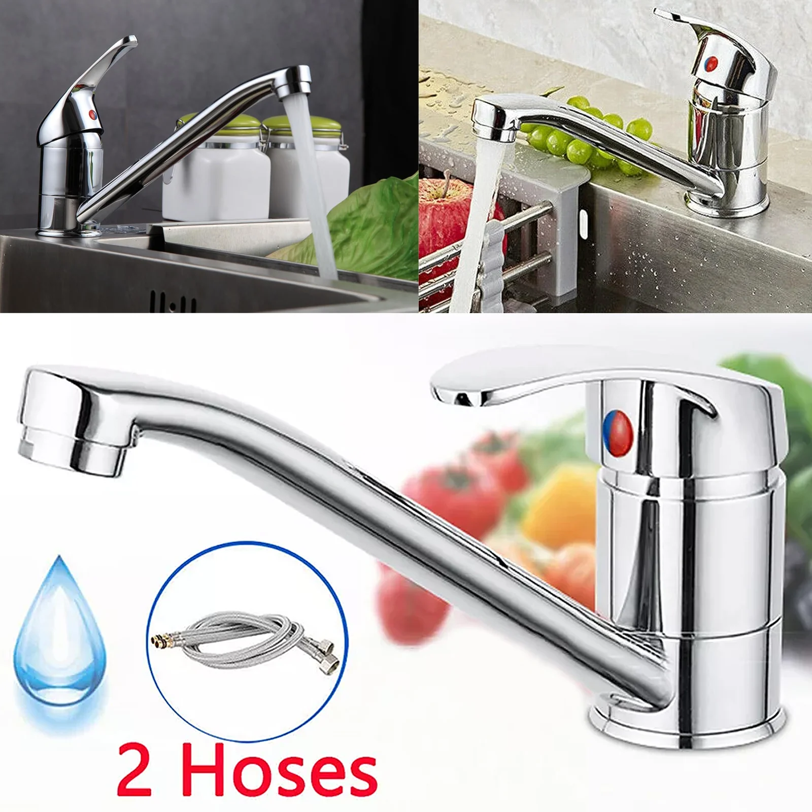 DayPlus Kitchen Bathroom Sink Tap Single Lever Mono Basin Mixer Tap Faucet with Swivel Spout Hose & Fittings, Chrome Finished