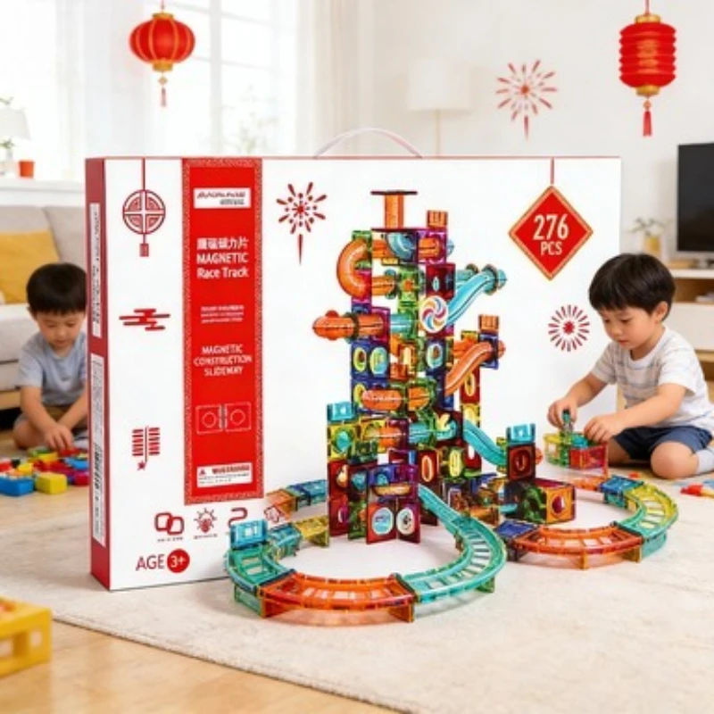 MAGPLAYER Colorful Window Magnetic Blocks | Pipe Track Marble Run | Kids 3D Educational Magnetic Construction Toy