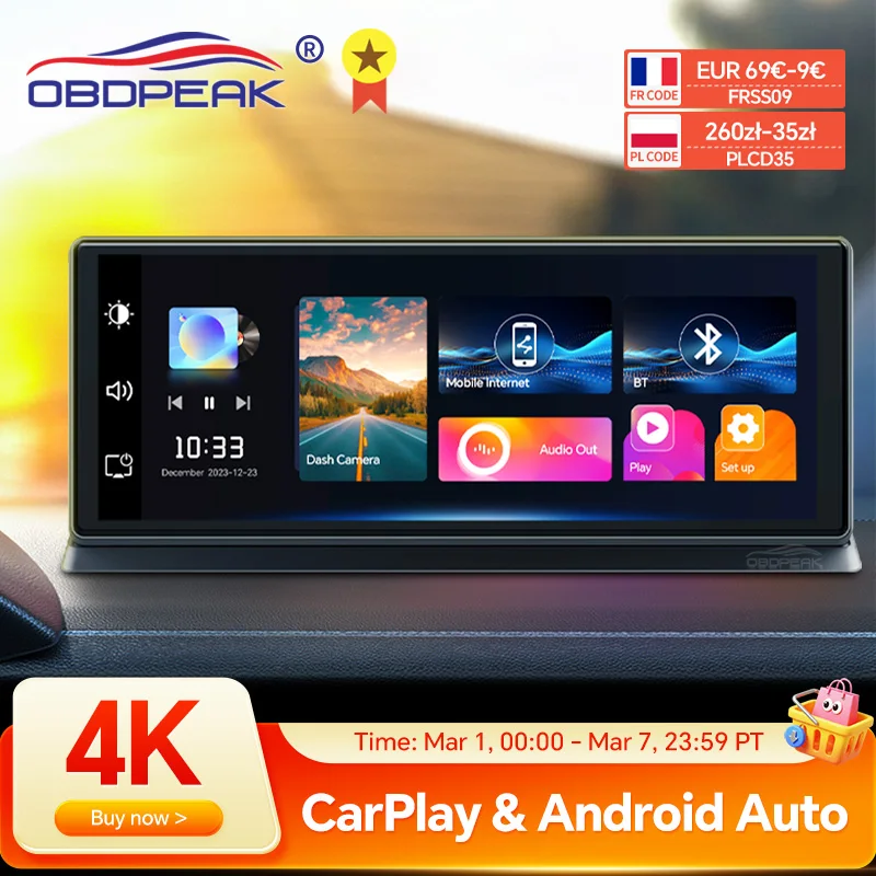 K2 Pro 11.3" Dash Cam 4K 2160P Car DVR Recording Carplay & Android Auto Wireless Connection 5G WiFi GPS Navigation Dashboard