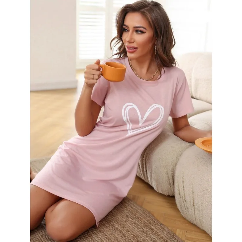 Plus Size Loungewear Nightdress Women's Heart Print Short Sleeve Sexy Crew Neck Home Dress Sexy Nightwear Romantic Ladies