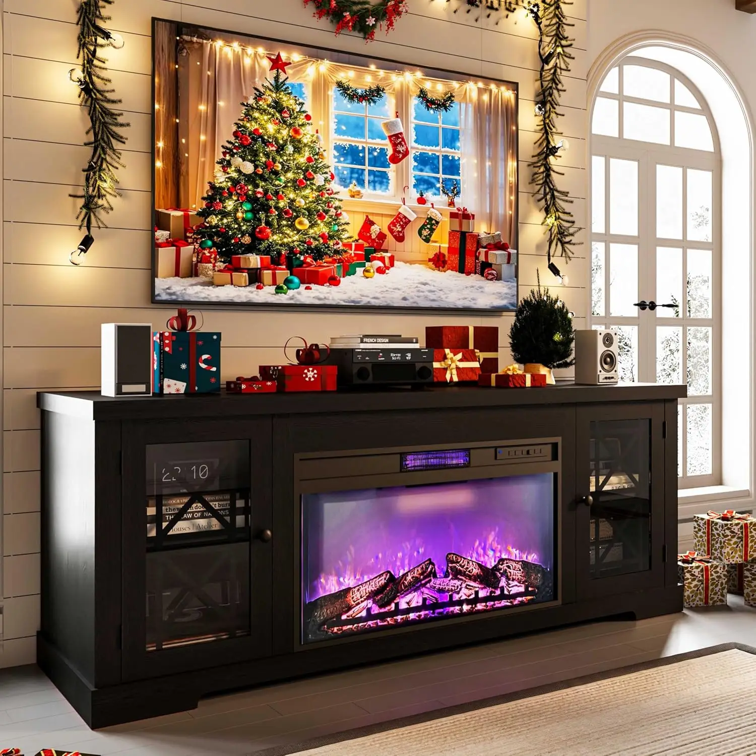 70" Farmhouse TV Stand Console Remote LED Storage Cabinet Fits 80" Living Room Customized