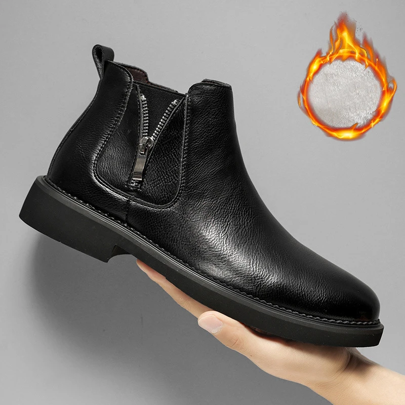 2026 Winter Genuine Leather Shoes Mens Fashion Chelsea Boots Warm Plush British Style Cow Leather Brand Male Footwear
