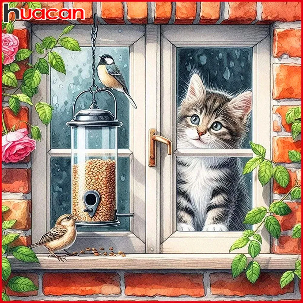 Huacan Full Square Round Diamond Painting Bird Cat Diamond Mosaic Animal Flower Art Decorative Paintings