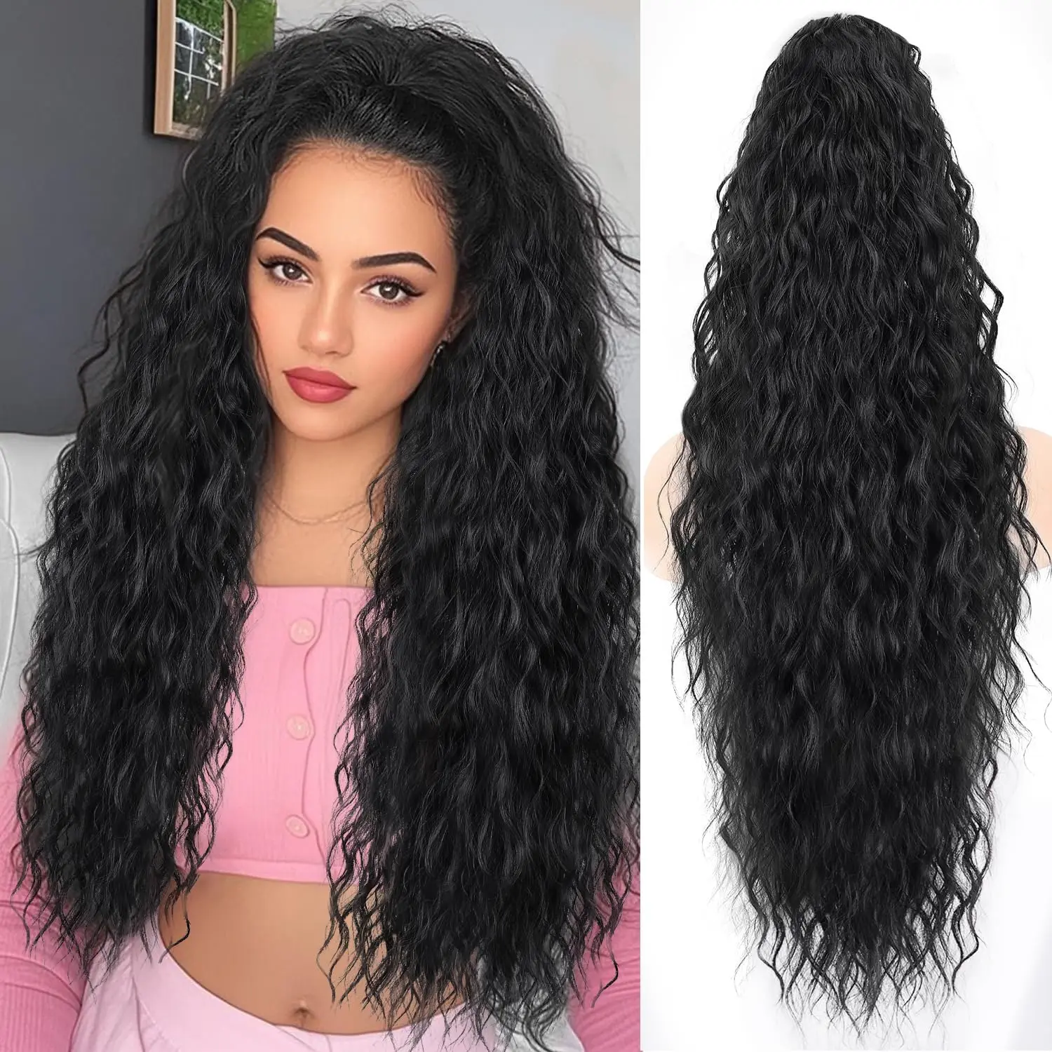 Water Wave Drawstring Ponytails 100% Human Hair Ponytail Wigs#1B Natural Black Curly Clip In Hair Extensions For Daily Cosplay