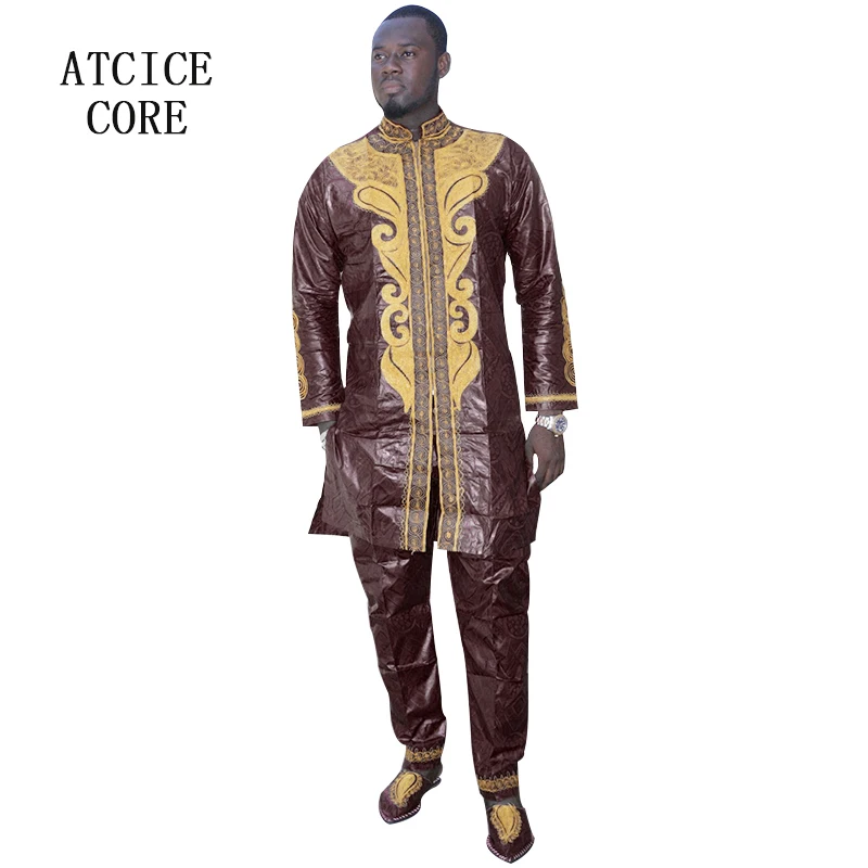 African Clothing For Men Traditional Bazin Riche Embroidery Design Top Long Sleeve 3 Piece Set