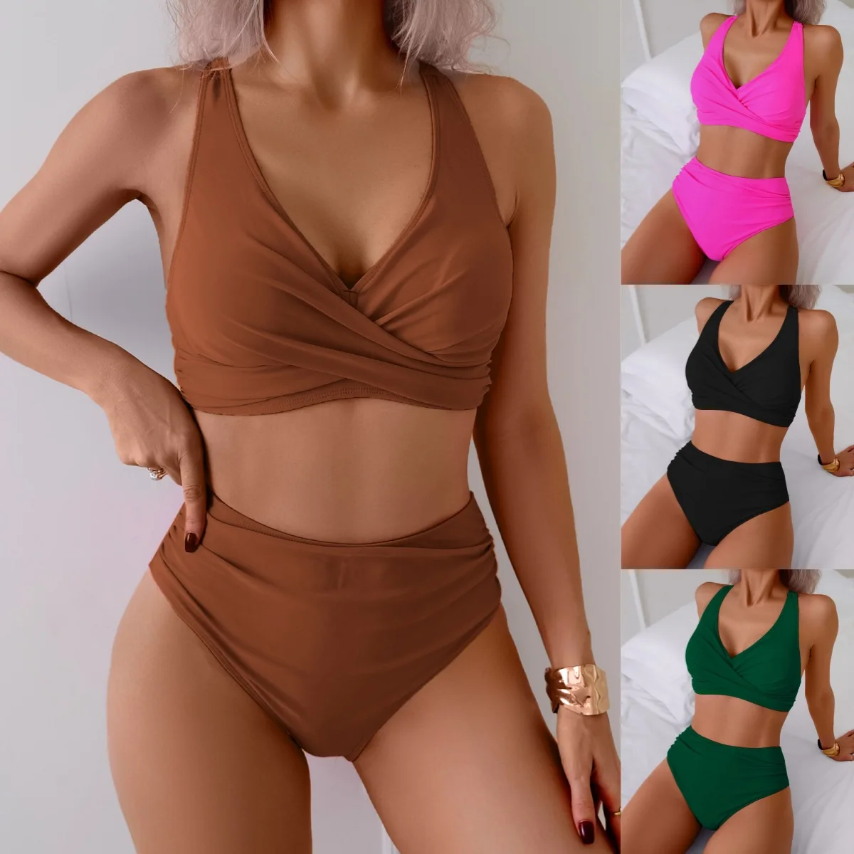Sexy Backless Bikini Women's Solid Color High Waist Two Piece Swimsuit 2026 New Tied Bikini Strapless Swimwear Nylon Fabric