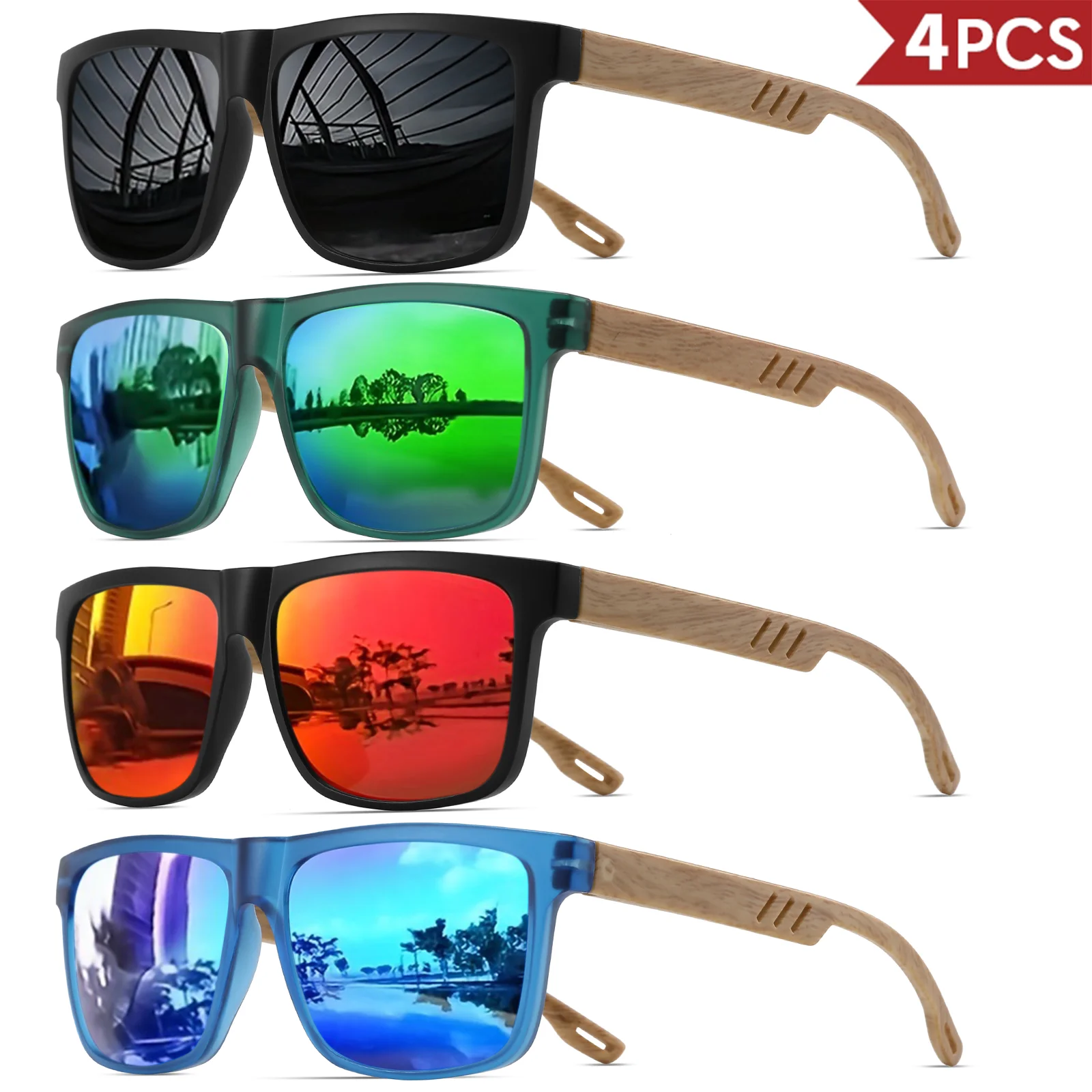 4PCS Wood Grain Spring Hinge Sunglasses - Classic Retro Square Frame, UV400 Unisex Comfort Fit for Daily Casual Wear
