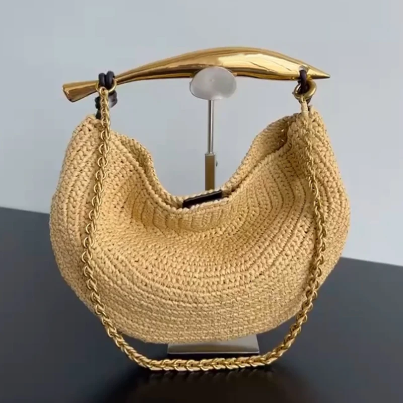 Classic Beach Straw Woven Bags For Women Luxury Designer Handbag Purse 2025 New In Sequined Handle Chain Strap Underarm Shoulder