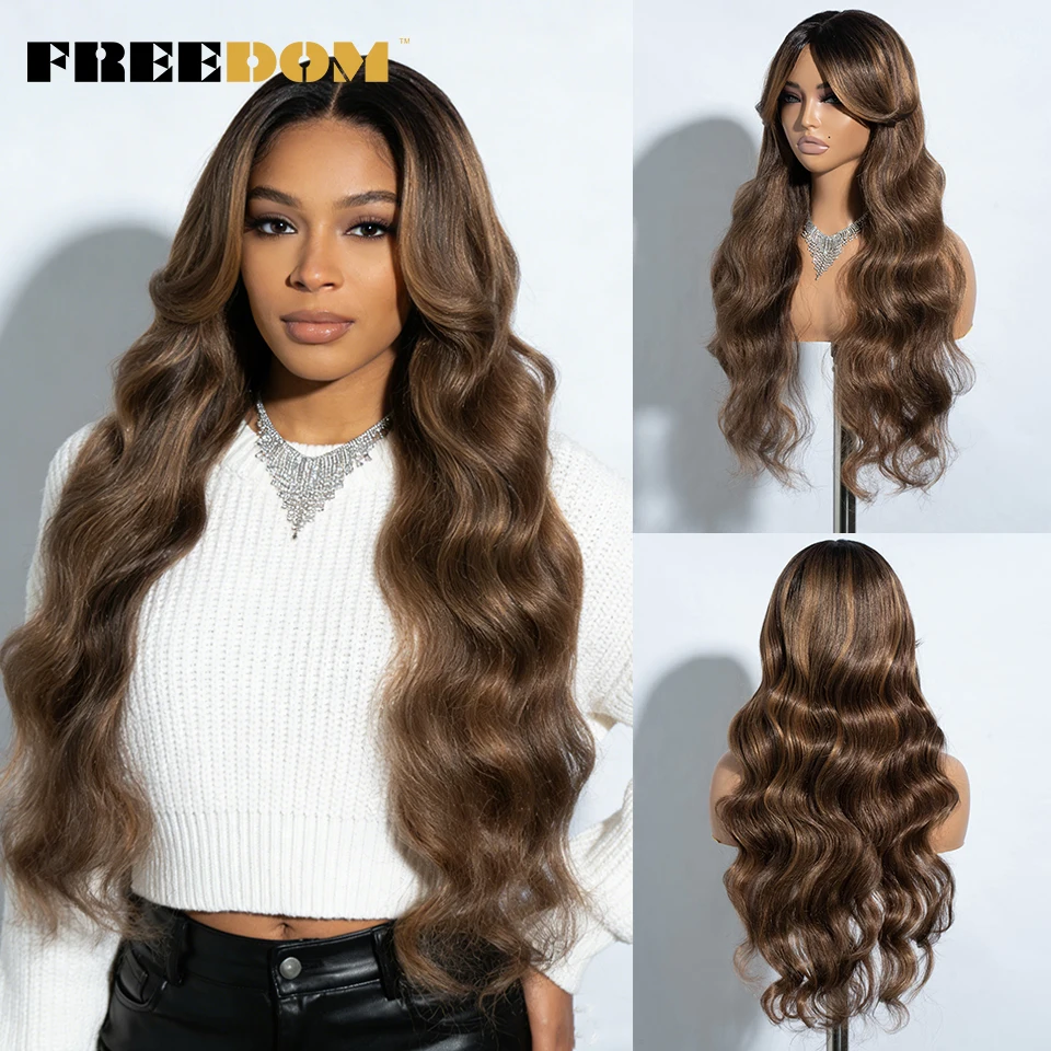 FREEDOM Synthetic Lace Wigs For Black Women 28inch Long Body Wave Middle Part Lace Wig With Bangs Ombre Blonde Brown Cosplay Wig
