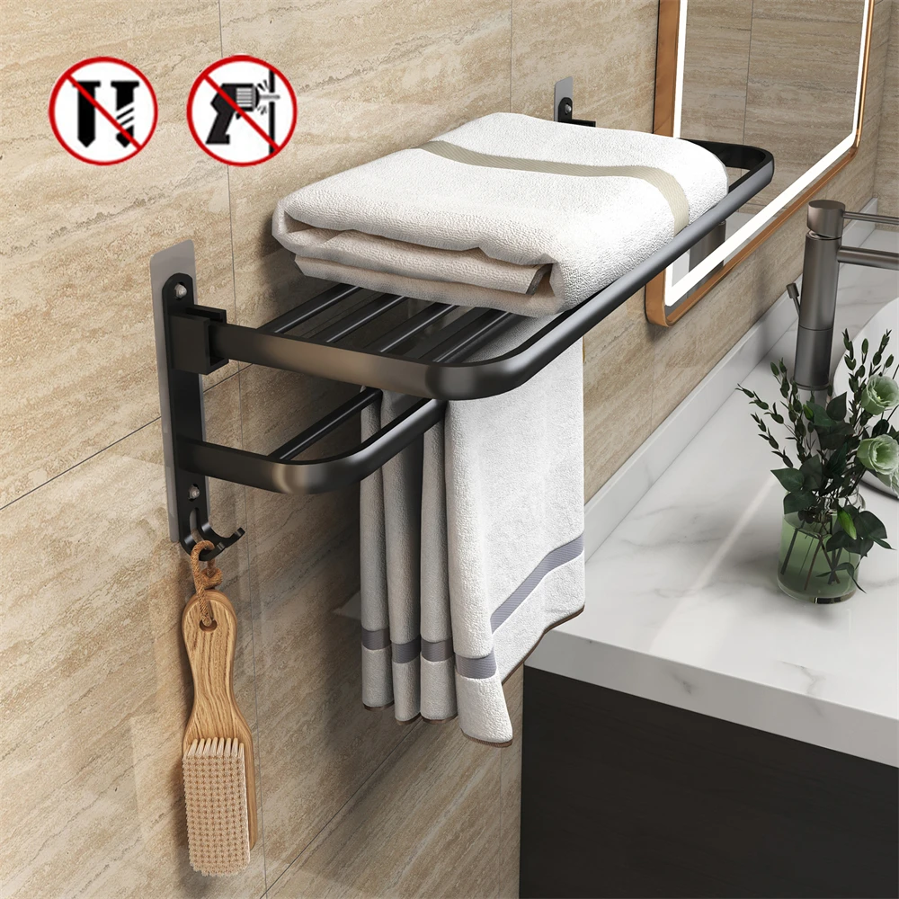 Matte Black 50CM Folding Holder With Hook Towel Holder Wall Mount AluminumTowel Rack