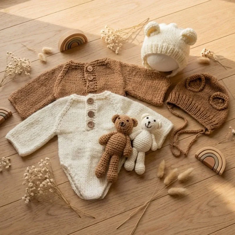 Handmade Knit Newborn Baby Photography Props Cute Bear Theme Hat Jumpsuit Toy 3Pcs Set Infant Photo Studio Shooting Outfits