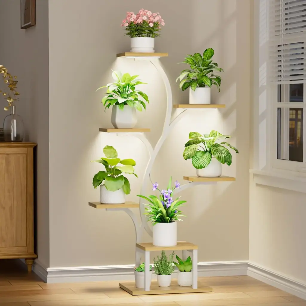 7-Tier Metal Plant Stand with Grow Lights, White Tree-Shaped Shelf for Indoor Plants, Patio