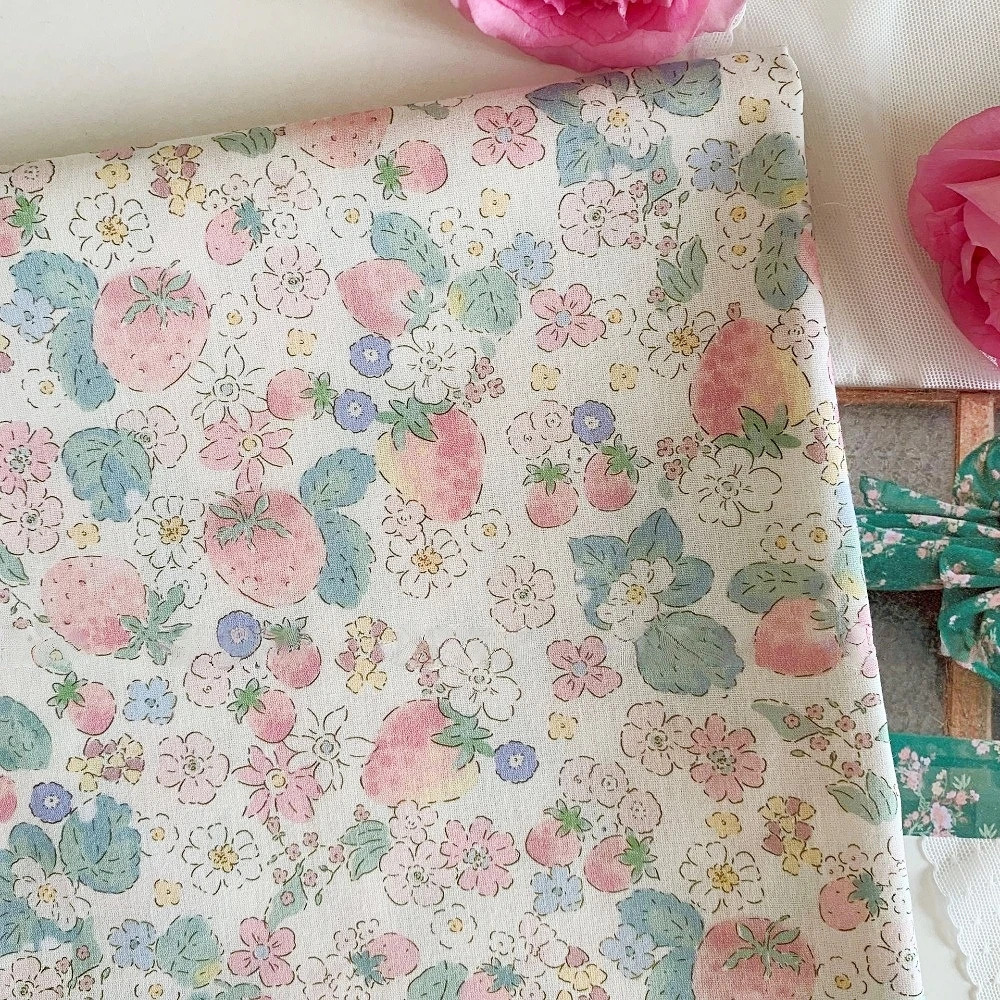 140x50cm Cotton 40s Poplin Cute Vintage Strawberry Floral Fabric, Handmade DIY Bags Children's Clothing Garment Sewing Cloth
