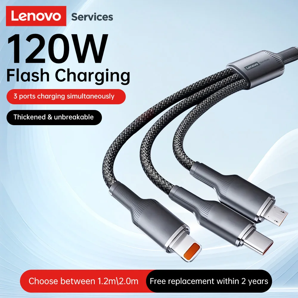 Lenovo 6A 120W 3 in 1 USB Type C Cable Fast Charge Phone Charger Data Cord For iPhone Xiaomi Huawei Quick Charge Micro USB Wire
