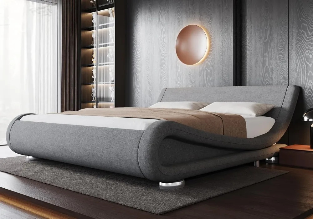 King Size Bed Frame with Ergonomic & Adjustable Headboard, Low Profile Modern Upholstered Platform Sleigh Design - Easy Assembly