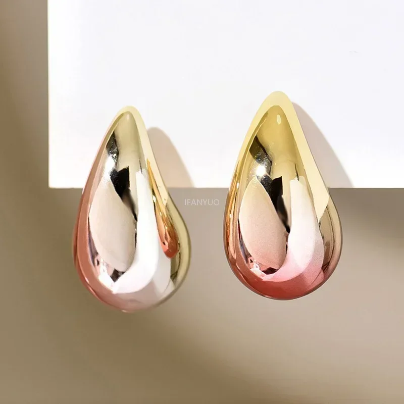 Stainless Steel Gold Plated Chunky Dome Water Drop Earring for Women Vintage Glossy Thick Teardrop Rings Earrings Jewelry