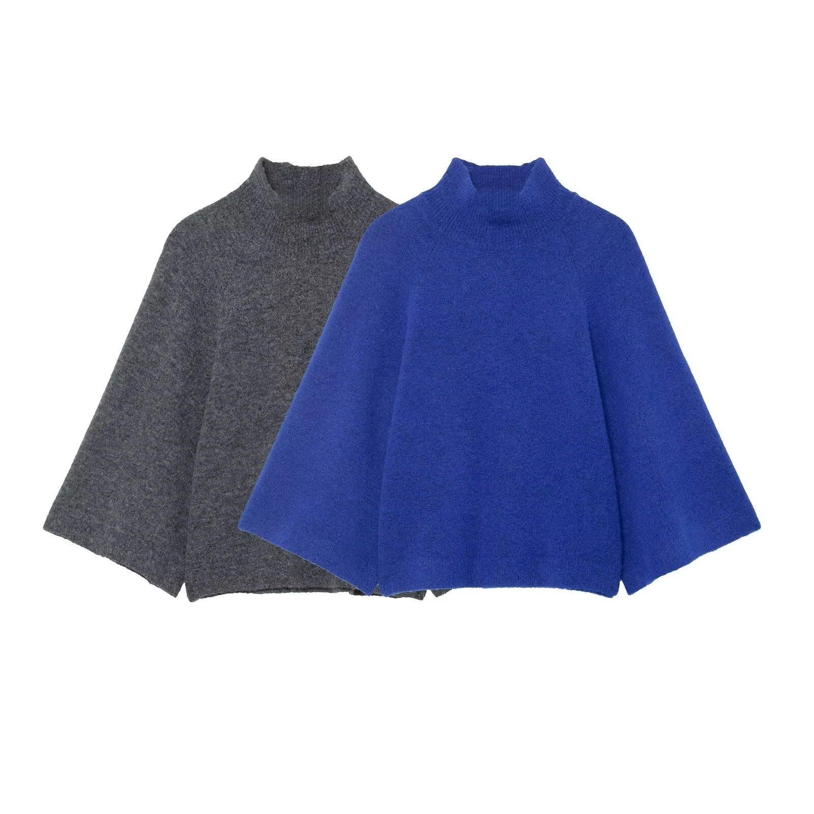 2025 Winter New Women's Casual Fashion Simple Versatile Stand Collar Wide Sleeve Solid Color Knit Sweater