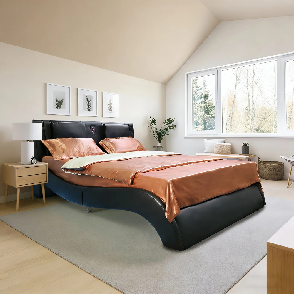 Faux Leather Upholstered Platform Bed Frame,Bluetooth connection to play music control, Backrest vibration massage,Queen