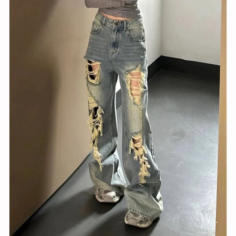 Female Chic Blue Straight Leg Jeans Women Korean High Waist Loose Denim Trousers Girls Casual Designer Ripped Pants