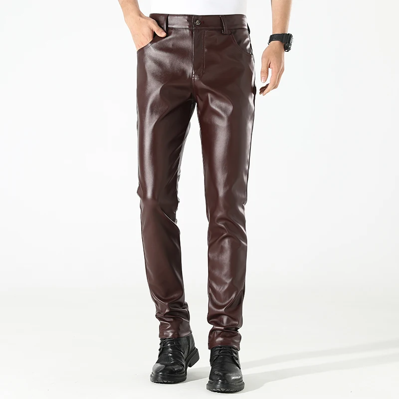 Men's Leather Pants Skinny Fit Stretch Fashion PU Leather Trousers Party & Dance Pants Thin Streetwear