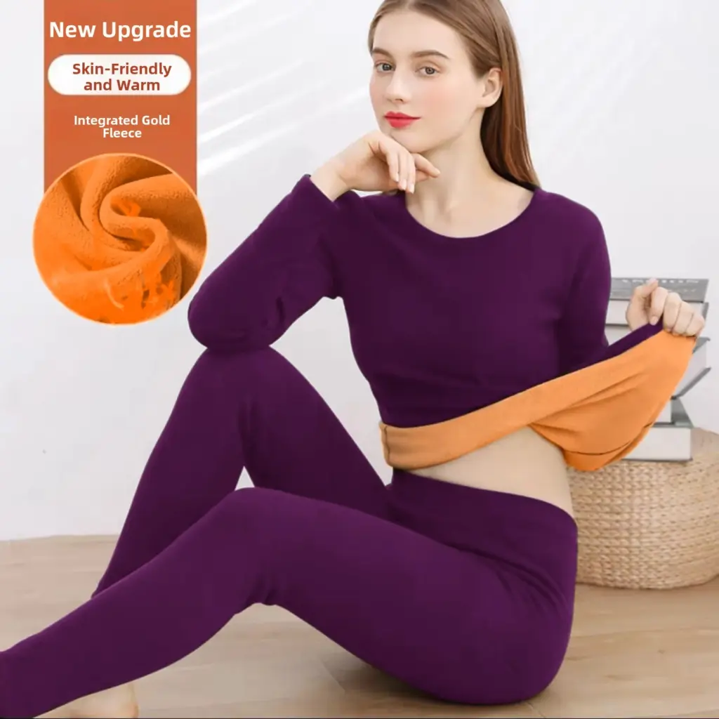 Women's Thermal Underwear Set Fleece Lined Thickened Durable Base Layer Shirt for Autumn Winter Comfortable Breathable Sleepwear