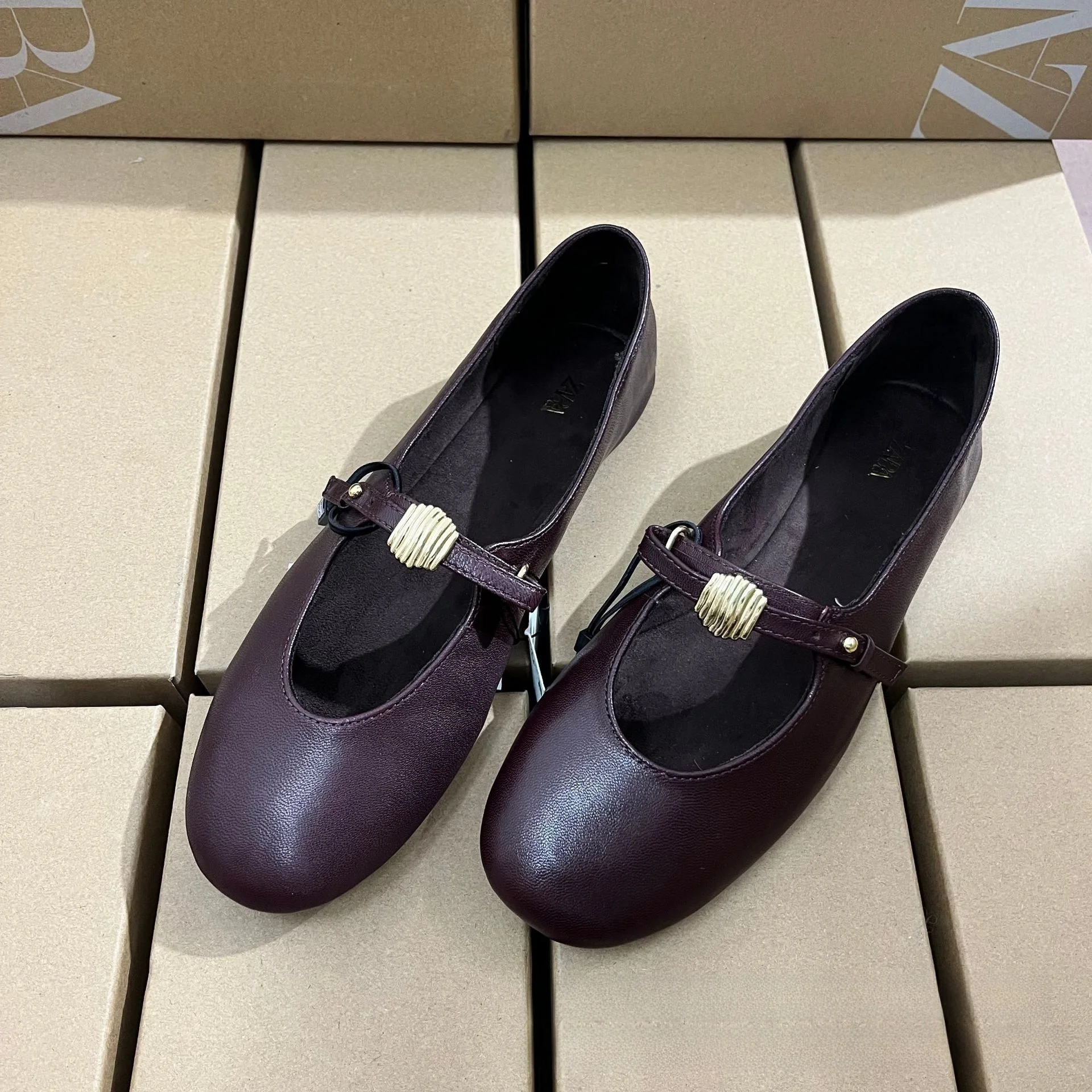 Ultra Soft Wine Red Leather Ballet Flat Shoes Mary Janes round Toe Buckle Slippers American Style Rubber Sole Lightweight