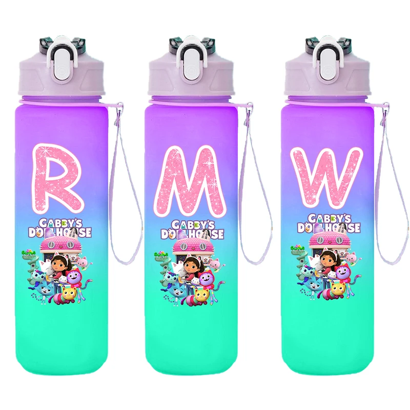 750ml Gabby Dollhouses Girl Water Bottle with Straw Letter Outdoor Portable Sport Bottles Cups School Water Bottle Children Gift