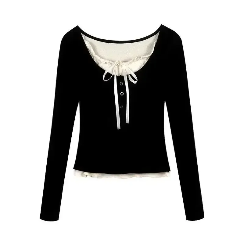 Korean Fashion Cropped Tshirt Women Long Sleeve Coquette Lace Streetwear Bow T-shirts Round Neck Tops Vintage Aesthetic