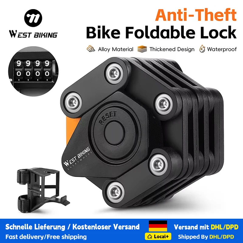 WEST BIKING Folding Password Lock Anti-Theft Bicycle Alloy Chain Lock Portable E-Bike Scooter Cycling Safety Lock Accessories