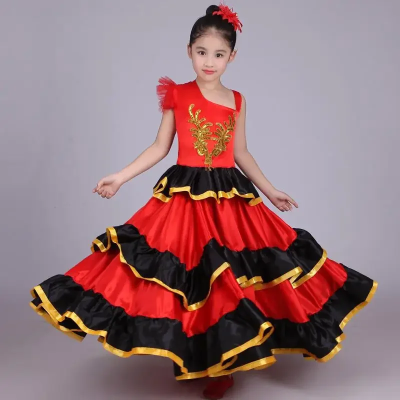 Kids High Quality Satin Soft Red Black Teenager Girls Spanish Flamenco Skirt Striped Bling Ballroom Stage Wear Performance Dress