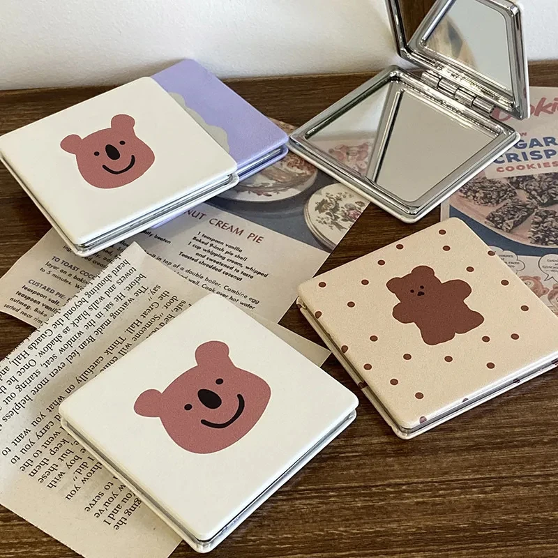 Cartoon Portable Double-Sided Pu Small Mirror Student Makeup Mirror Cute Little Bear Cosmetics Mirror Women Cosmetics Tools