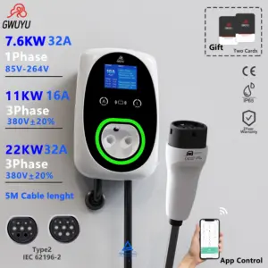 GWUYU New EV Charger 32A 7.6KW Wallbox Type2 Cable Socket with APP Control for Electric Vehicle Car Charging 3-Phase 11KW 22KW