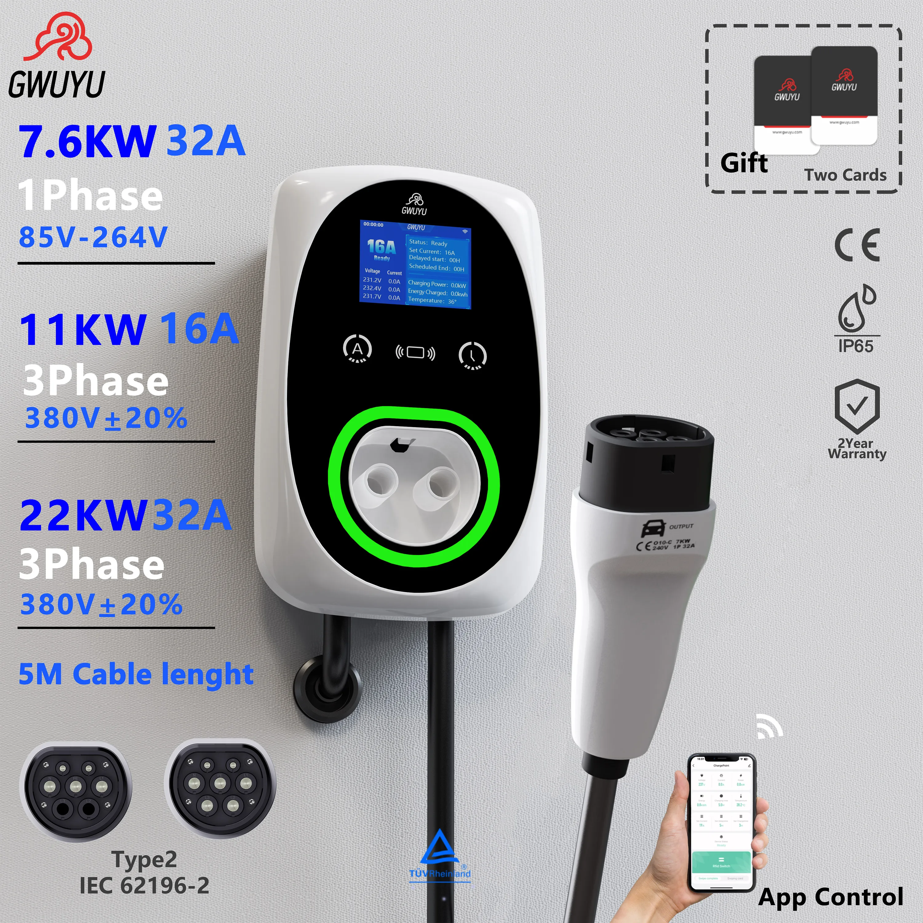 GWUYU New EV Charger 32A 7.6KW Wallbox Type2 Cable Socket with APP Control for Electric Vehicle Car Charging 3-Phase 11KW 22KW