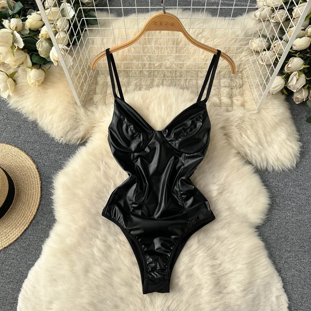 Hotsweet V-neck Elegant Sleeveless Chic PU Leather Bodysuits Slim Straps Top Sexy Streetwear High Street Autumn Winter Jumpsuit