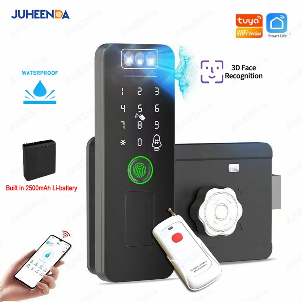 Outdoor Waterproof Smart Tuya Wifi Lock 3D Face Recognition Digital Code Keyless App Fingerprint Lock With Rechargeable Battery