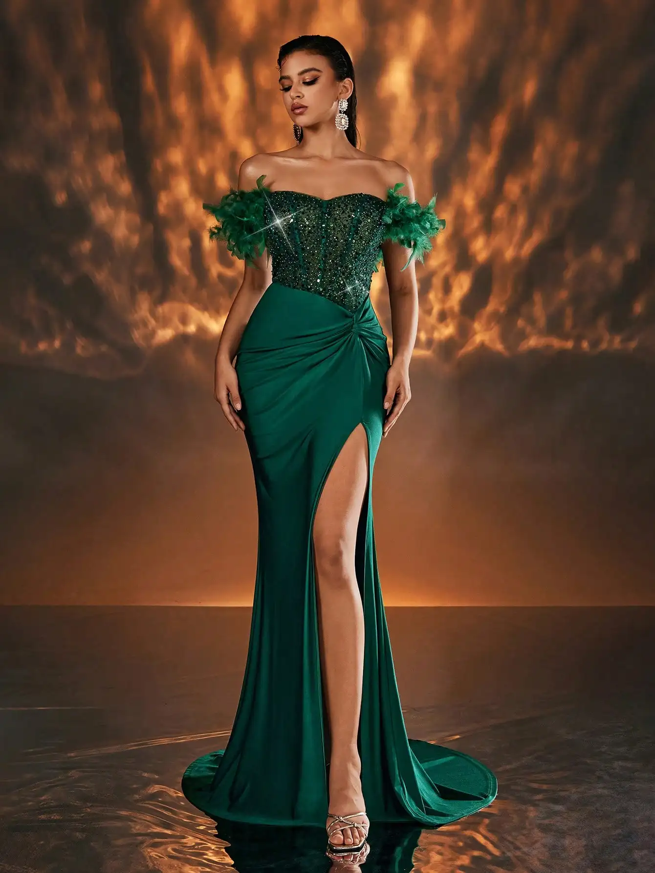 Emerald Green Off Shoulder Sequin Mermaid Dress with Feather Cuffs and High Slit for Formal Events