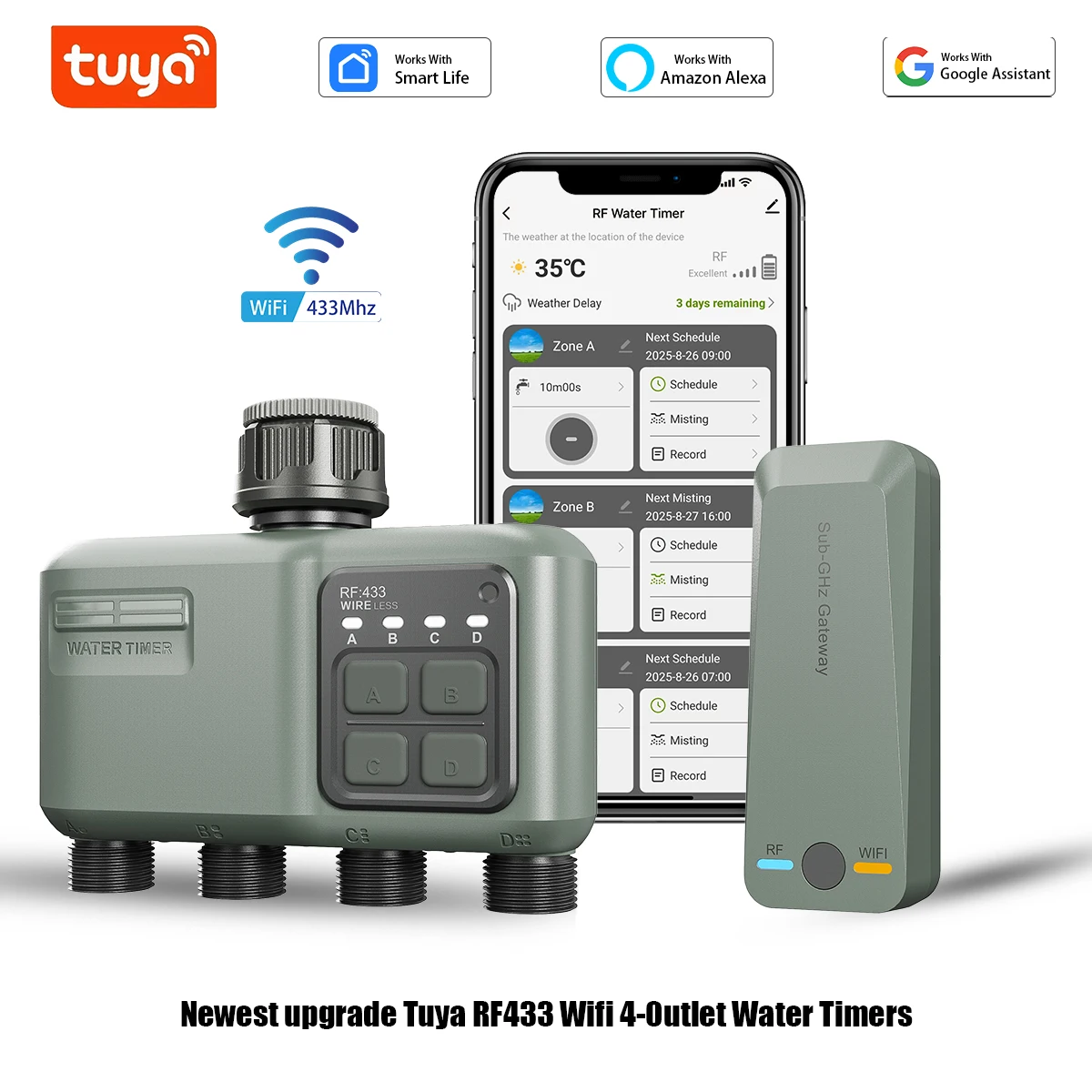 Tuya Wifi+RF433 smart Garden Sprinkler Water Timer 4-Outlet Rain Delay Filter Programmable Automatic Irrigation Controller