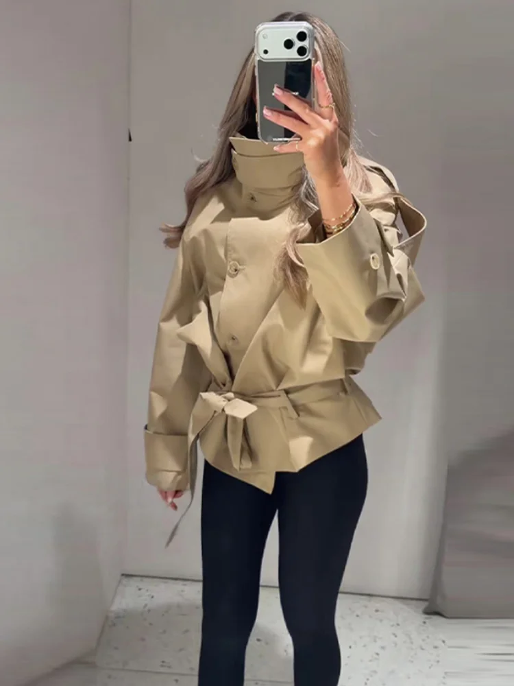 2026 Spring Stand Collar Double Breasted Trench Coat For Women Elegant Long Sleeve Lace Up Jacket Lady Street Chic Outerwear