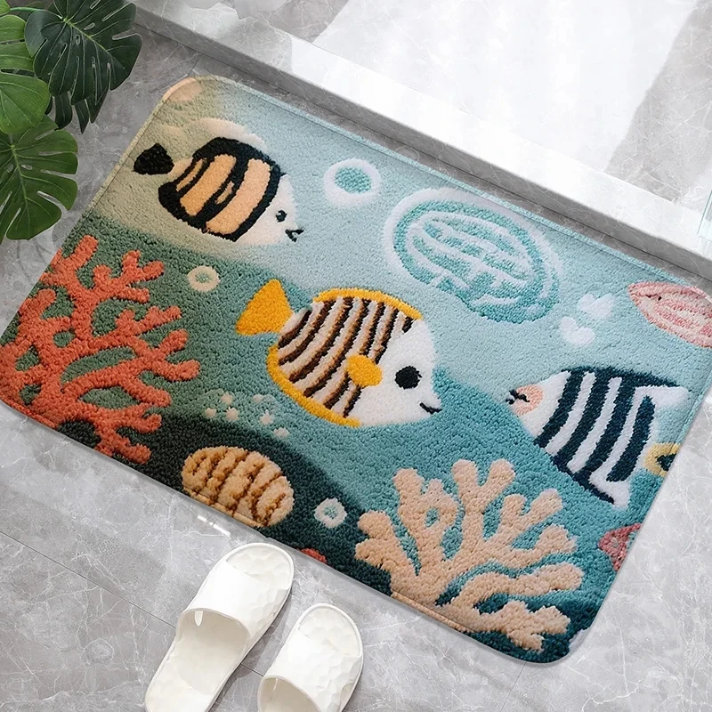 Ocean Themed Bathroom Floor Mat Toilet Water Absorbing Foot Carpet Mat Bathroom Door Mats Machine Washable Retro Home Decoration