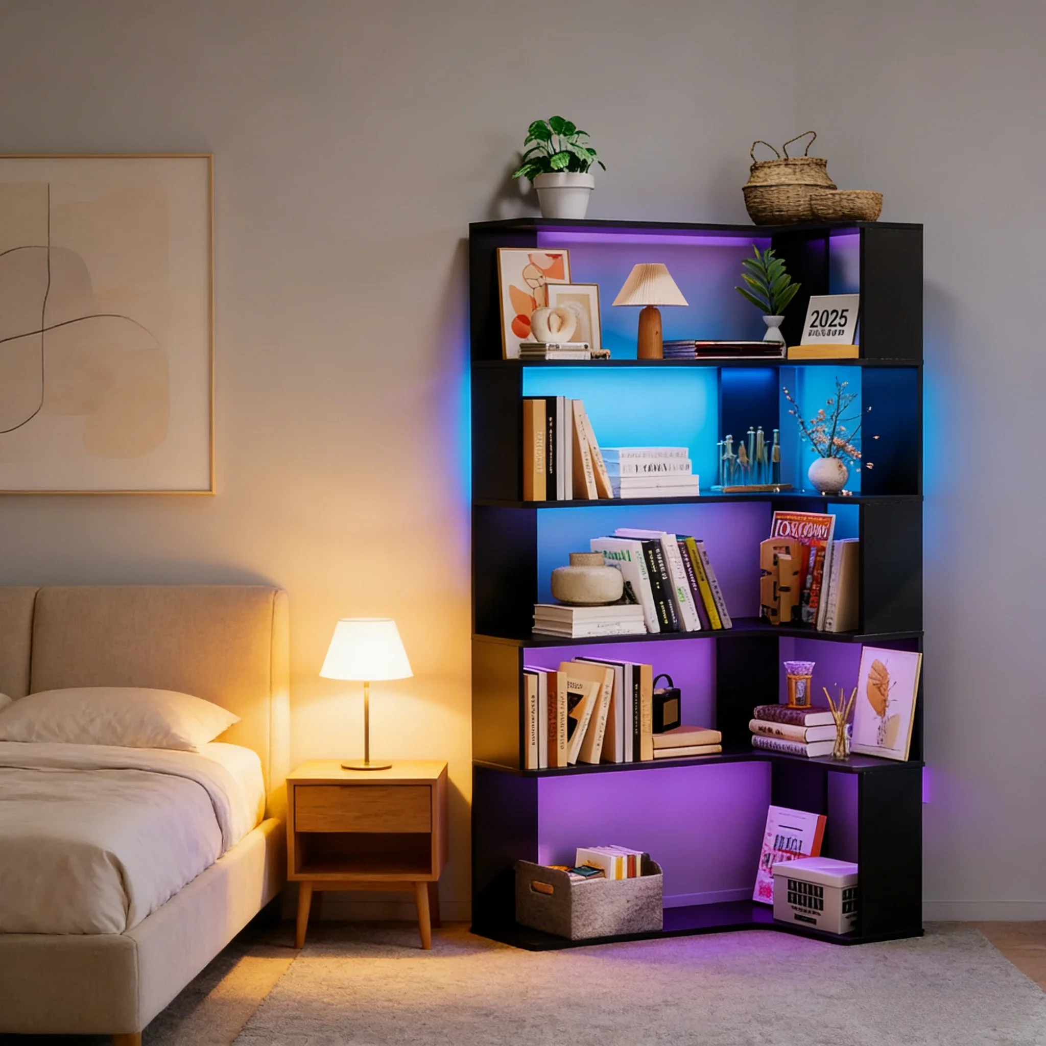 Study Bookcases 5-layer Solid Wood Corner Bookshelf Light Strip Multifunctional Open Shelf Storage Bookshelf Living Room Home